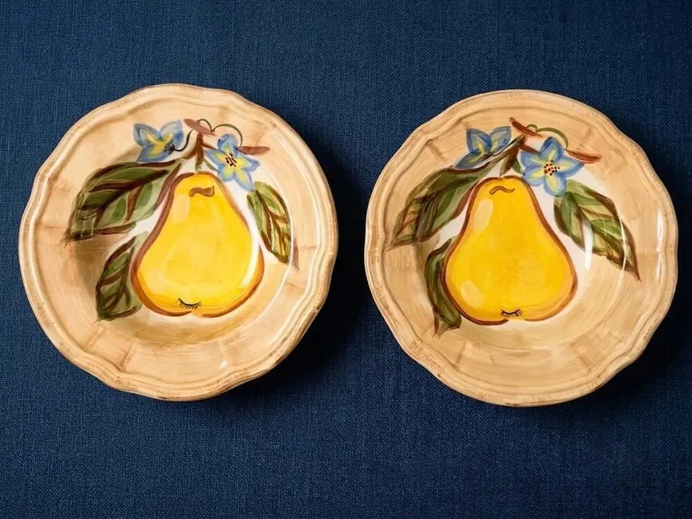 Vintage Fruta Hand Painted Pear Soup Pasta Bowls - Set of 2 - 9 Inch Ceramic